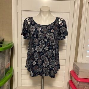 Westport Navy Floral Blouse with Cutout Sleeves